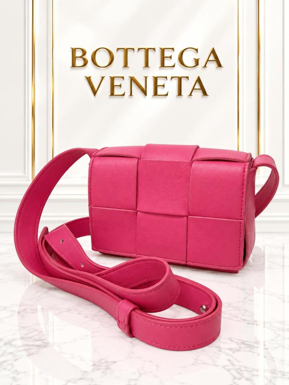 Authentic Bottega Veneta Cassette Pink Intrecciato Leather Crossbody Bag Mini